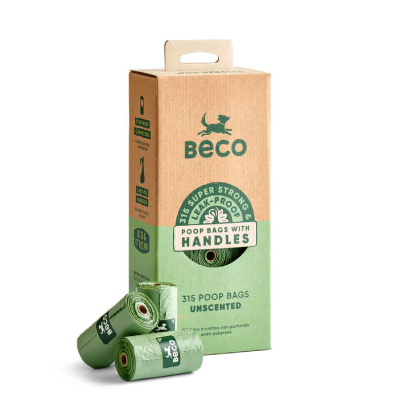 Beco Large Poop Bags Unscented with Handles 315pk, three green rolls in front.
