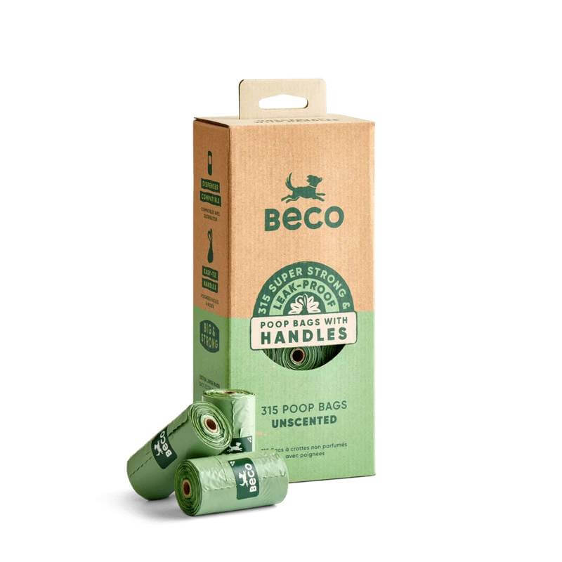 Beco Large Poop Bags Unscented with Handles 315pk—box, handles, 3 green rolls in front.