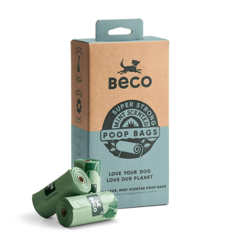Beco Large Poop Bags Mint Scented 315pk, eco-friendly bags, three rolls displayed in front.