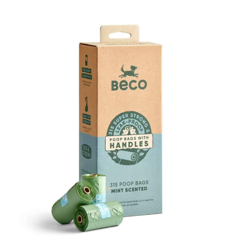 Beco Large Poop Bags Scented with Handles 315pk box, plus three green rolls in front.