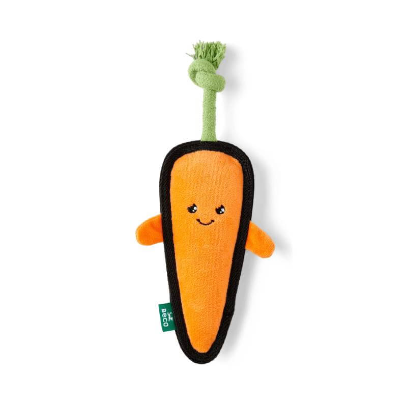 Beco Plush Carrot Dog Toy Medium—durable squeaky toy with smiley face and green knotted stem.