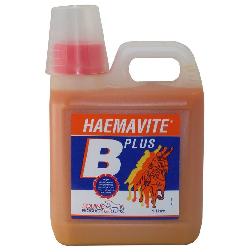 Equine Products Haemavite B Plus 1Ltr—iron &amp; vitamin tonic for horses, horse image on label.