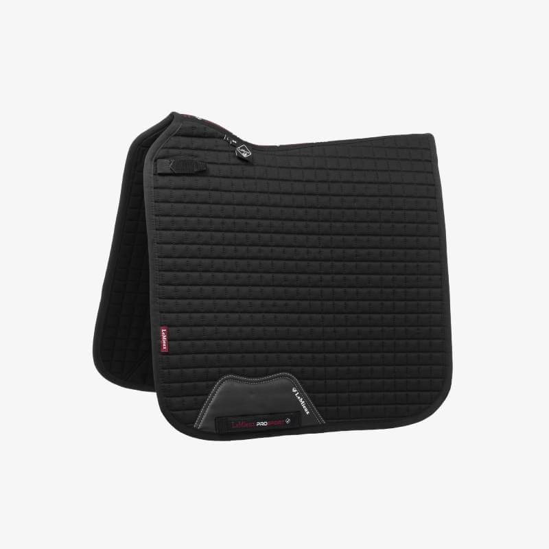 Black LeMieux Prosport Dressage Sq Plain D-Ring pad with subtle stitching and small label.