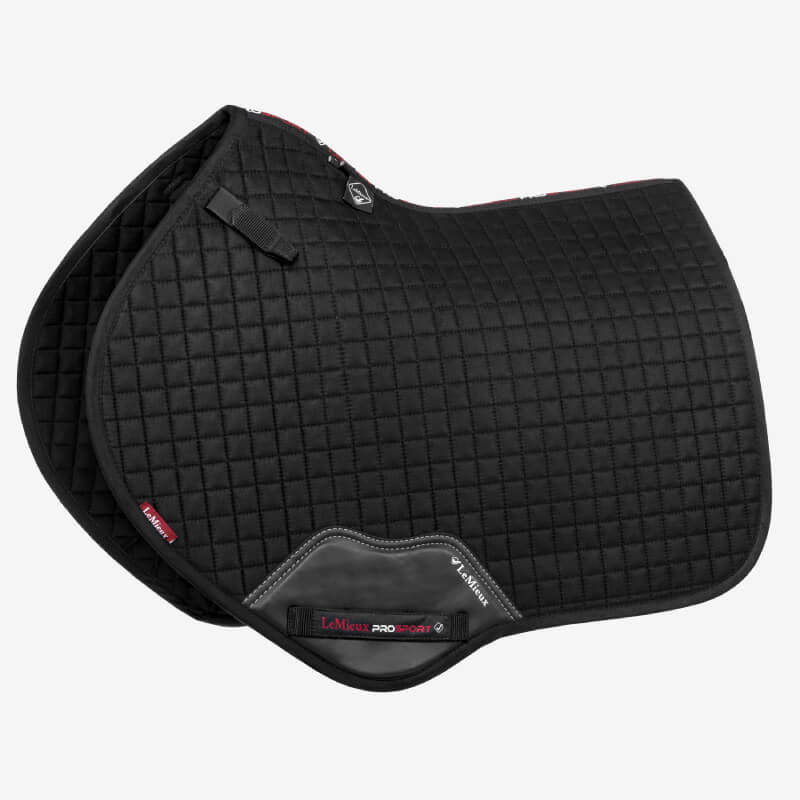 LeMieux Suede Close Contact Square Black saddle pad with branding labels and reinforced corners.