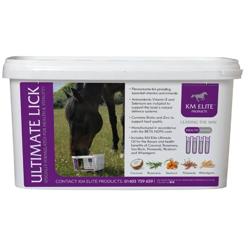 KM Elite Ultimate Oil Lick 7.5kg: horse supplement rich in omegas, ingredient icons displayed.