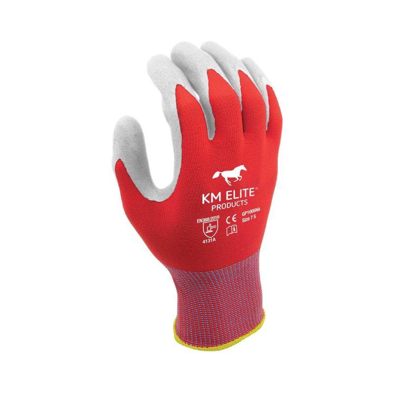 KM Elite Multi Purpose Equestrian Glove Red with logo and text on the back.
