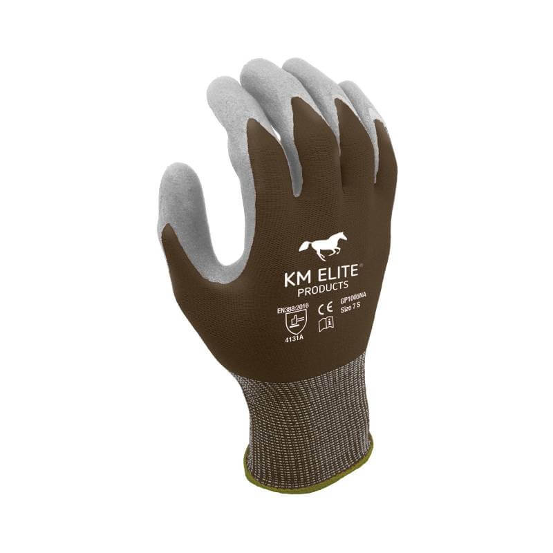 Brown KM Elite Multi Purpose Equestrian Glove with logo and safety symbols on the back.