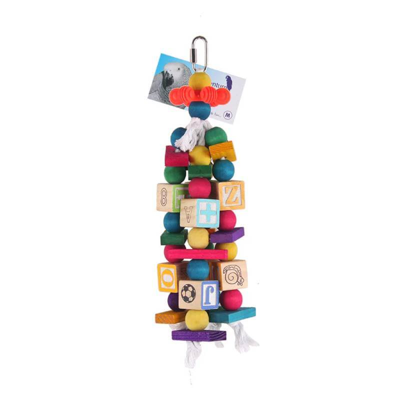 Sky Pet Coloured Blocks Bird Toy with wooden blocks, beads &amp; rope on a metal clip.