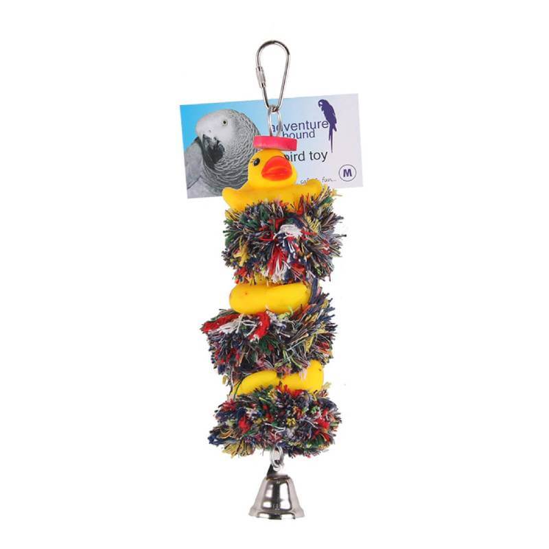 Sky Pet Duck &amp; Bell Bird Toy features rubber ducks, pom-poms, bell, and a hanging clip.
