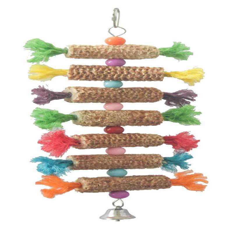 Sky Pet Corn Celebration Bird Toy features rope ends, wooden beads, and a small bell.