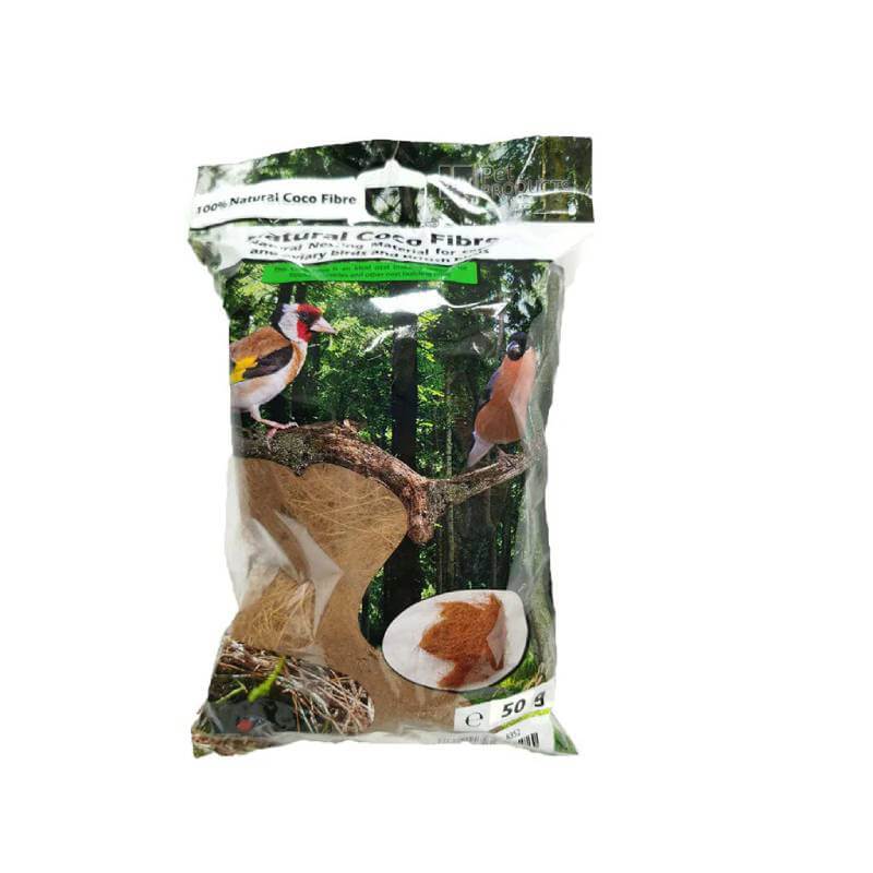 Sky Pet Coco Fibre 50g: natural nesting material for aviary birds with a forest background.
