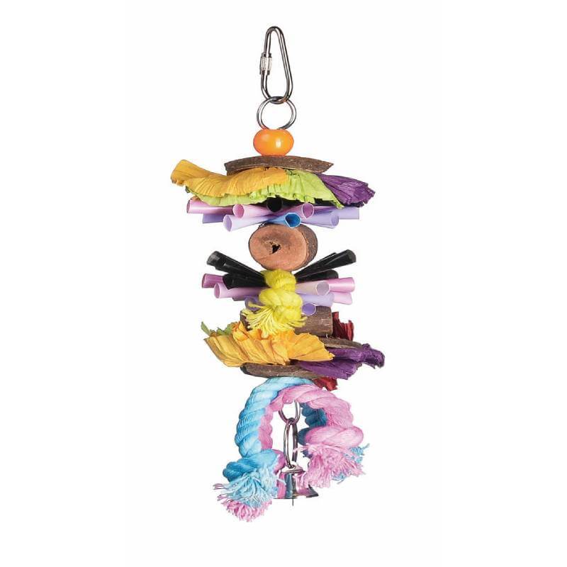 Sky Pet Party Time Bird Toy by Sky Pet with colorful ropes, wood pieces, and metal clip.