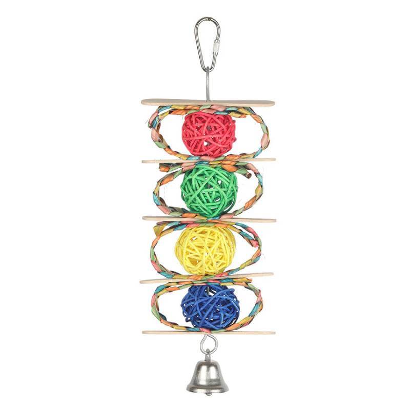 Sky Pet Wicker Ball Bird Toy with wooden disks and bell for playful birds.