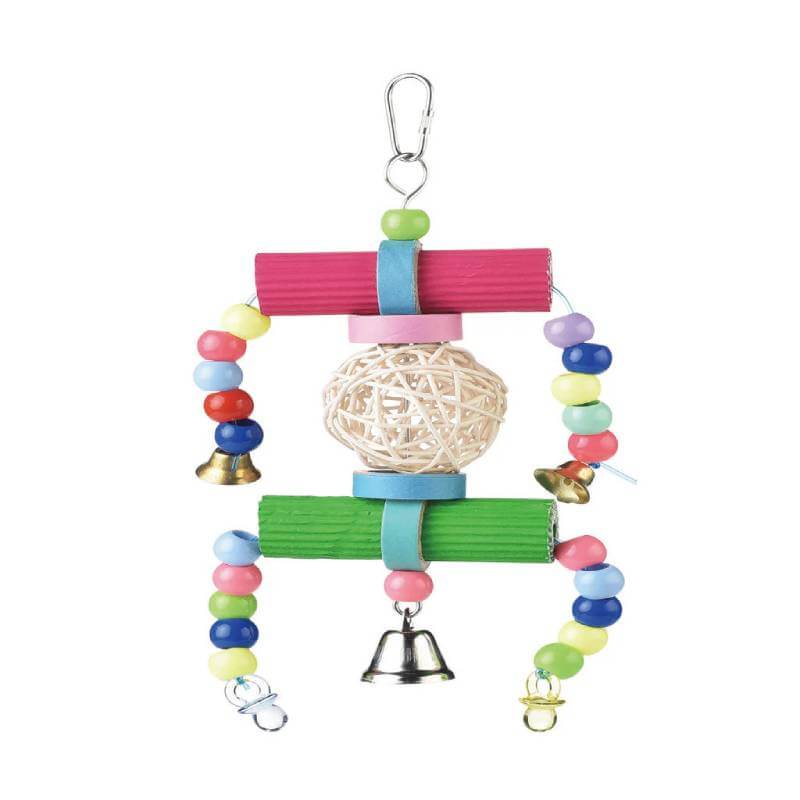 Sky Pet Cutie Pitootie Bird Toy with beads, wood blocks, woven ball, and bells on a hook.
