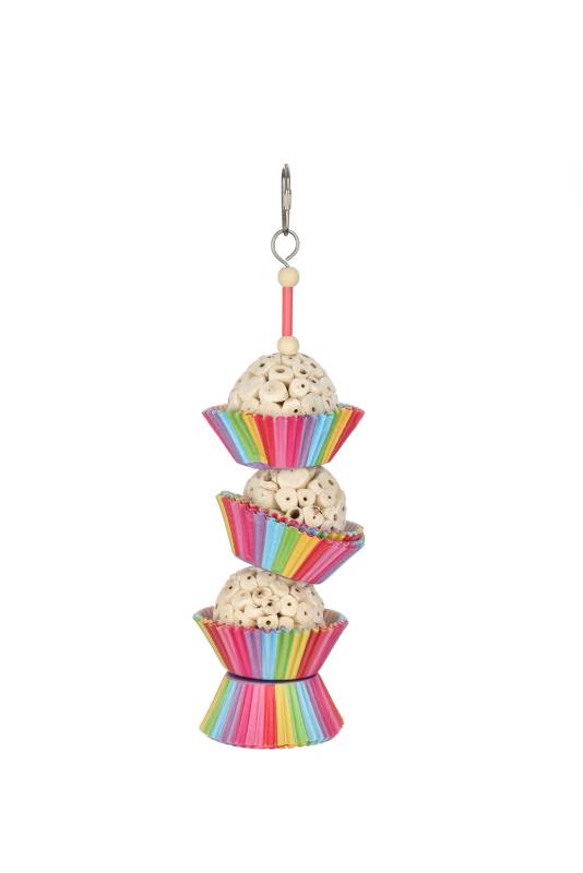 Sky Pet Three Cakes Sola Shred Bird Chew is a colorful, fun seed-filled toy for birds.