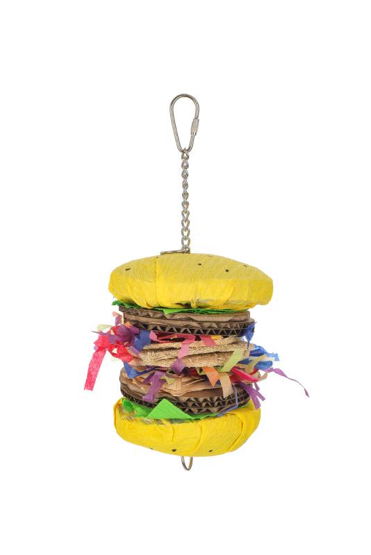 Sky Pet Hamburg Bird Toy: a burger-shaped toy made of cardboard, paper, and string.