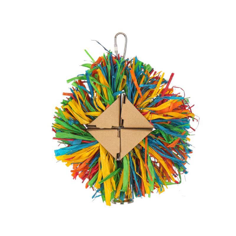 Sky Pet Rainbow Raffia Bird Toy features a cardboard center and a hanging hook for birds.