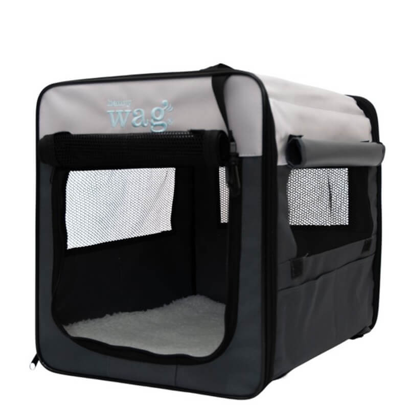 Henry Wag Pet Crate: grey/black foldable fabric crate with mesh windows and cushioned floor.