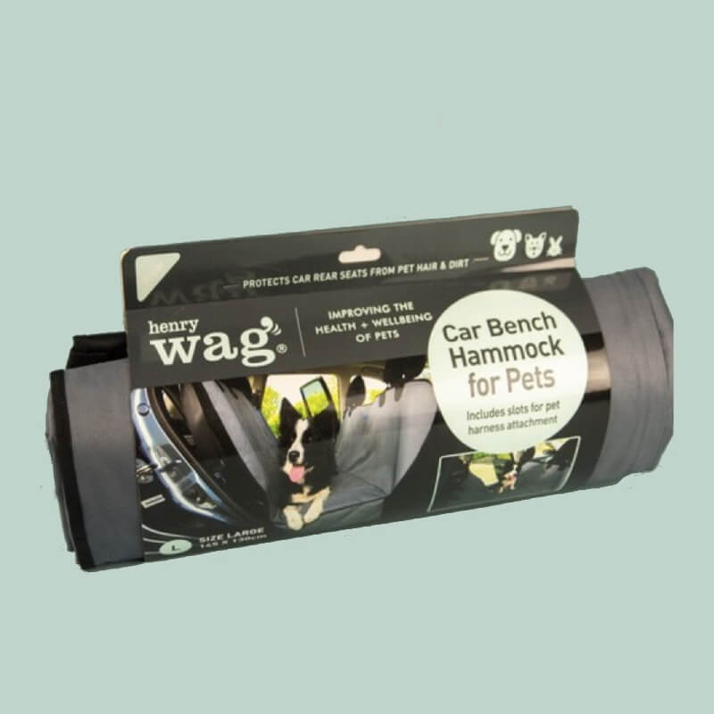 Henry Wag Pet Car Bench Hammock, washable and in rolled packaging.