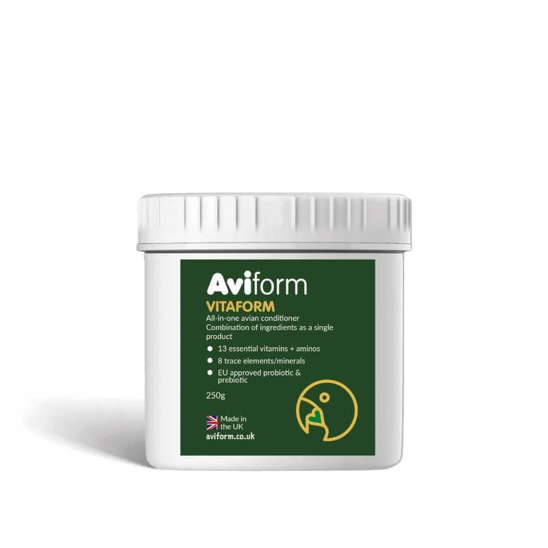 White Aviform VITAFORM 250g cage &amp; aviary bird conditioner with green/yellow label.
