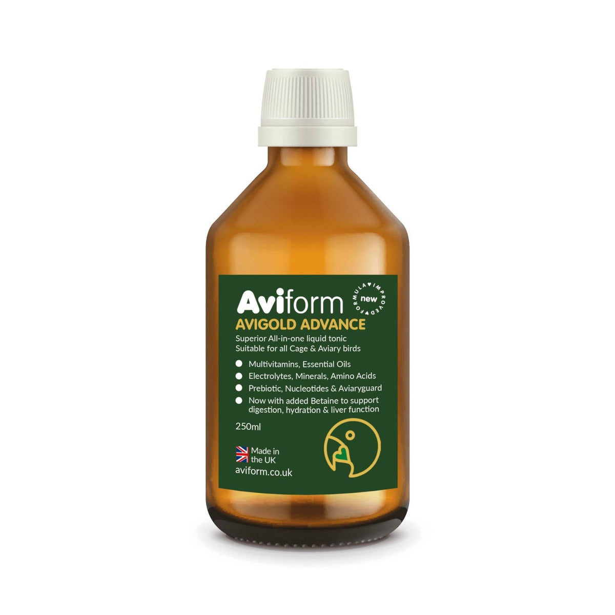 Aviform AVIGOLD ADVANCE All-in-One Bird Tonic 250ml supports cage &amp; aviary bird health.
