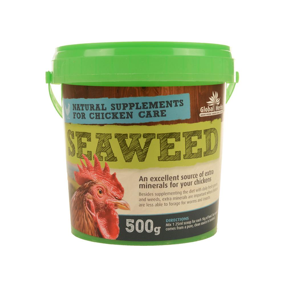Global Herbs Seaweed 500g: mineral-rich chicken supplement in a green tub.