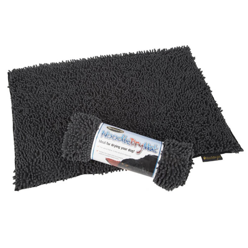Two Scruffs Noodle Dry Mats 90x60cm, dark gray, one rolled, one flat with label showing.