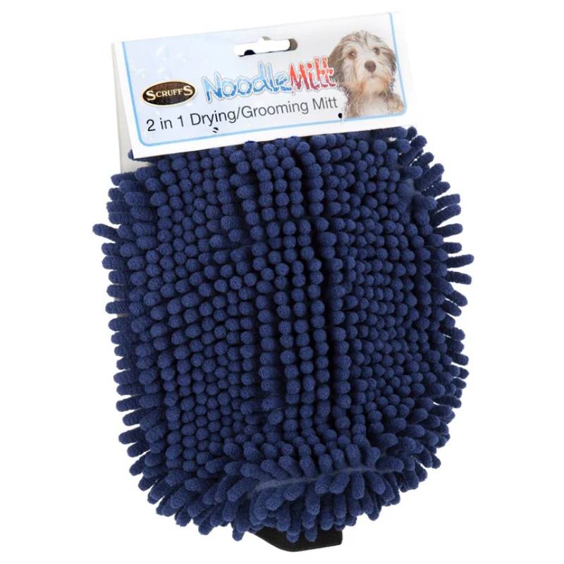 Scruffs Noodle Mitt 25cm Blue—microfibre dog grooming mitt in convenient packaging.