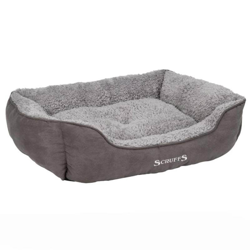 Scruffs Cosy Box Bed Grey 75x60cm: plush, recycled PET fibre, raised sides, branded logo.