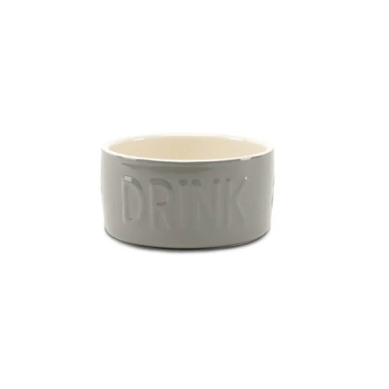 Scruffs Classic Water Bowl Grey 20cm by Scruffs, ceramic with DRINK embossed, on white background.