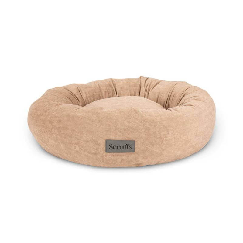Scruffs Oslo Donut Bed XL Desert Sand—beige dog bed with raised rim, Scruffs label on front.