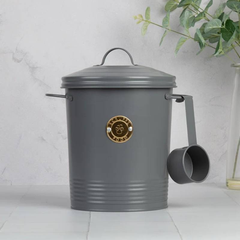 Scruffs Cantina 7L Dark Grey Pet Food Canister & Scoop with lid and handle on white countertop.