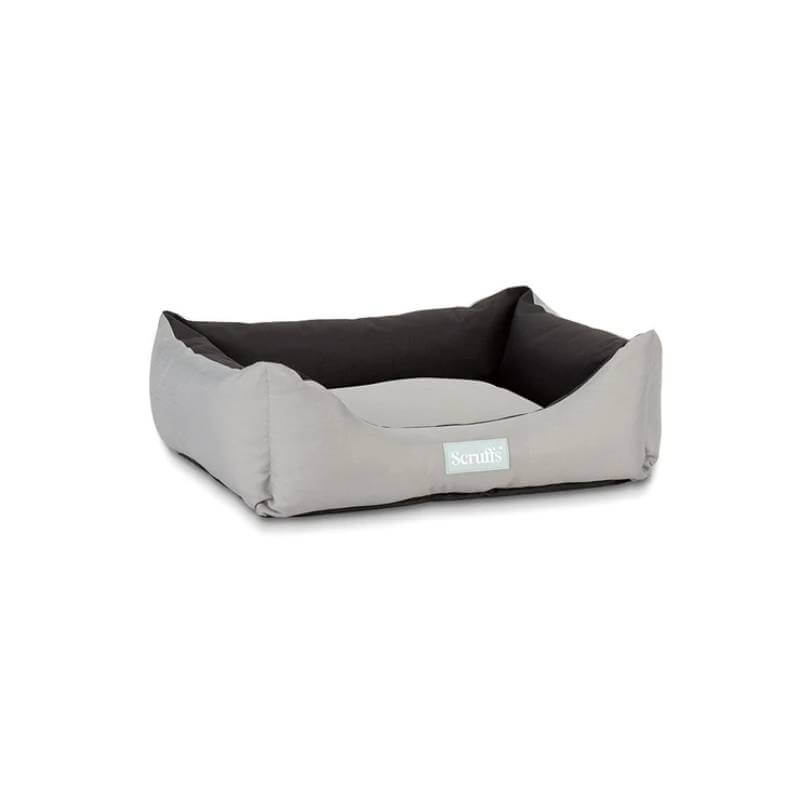 Large storm grey Scruffs Expedition box bed with raised sides and water-resistant fabric.