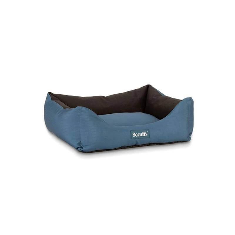 Scruffs Expedition Box Bed XL in Atlantic Blue, water-resistant with raised sides and black interior.