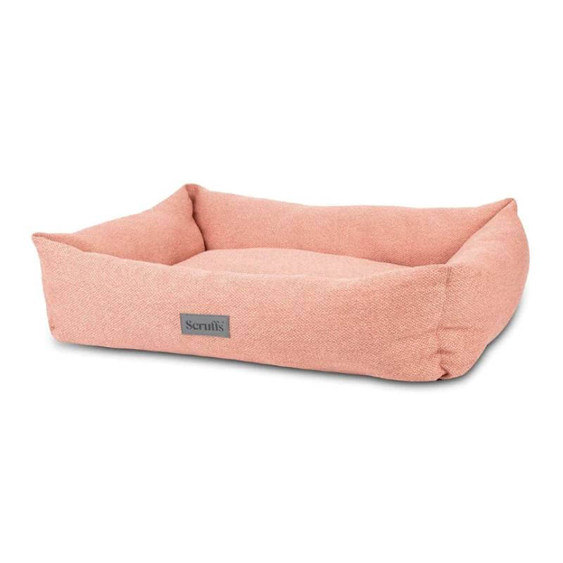 Scruffs Seattle Box Bed Medium in coral pink with raised sides and a Scruffs label on front.