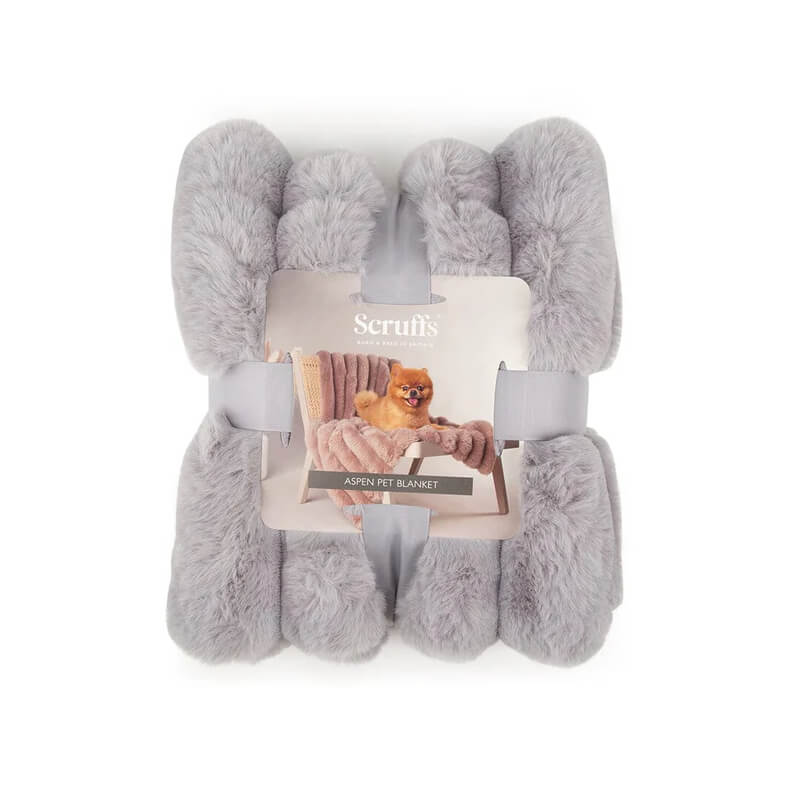 Scruffs Aspen Blanket 110x75cm in grey, folded with packaging showing a dog on a chair.