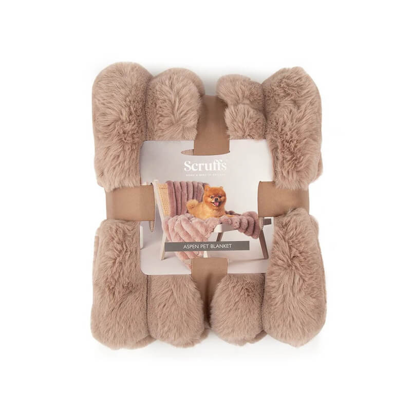 Scruffs Aspen Blanket 110x75cm Taupe packaged, label shows a dog on a sofa.