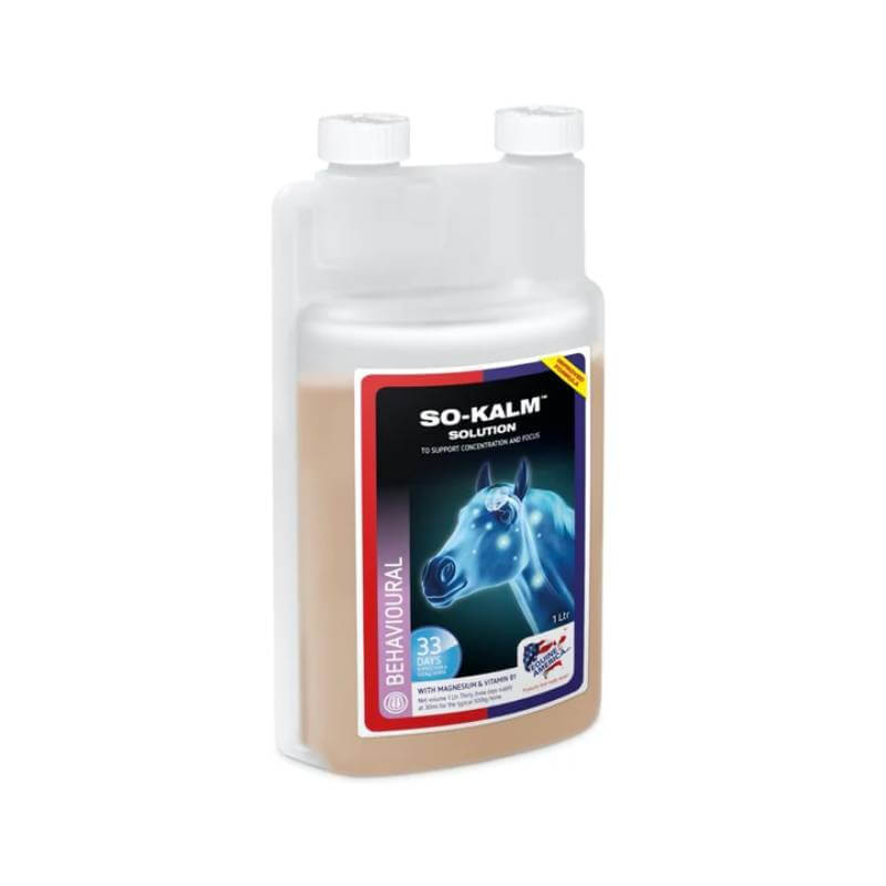 A 1L bottle of Equine America So-Kalm Solution with a blue horse graphic.