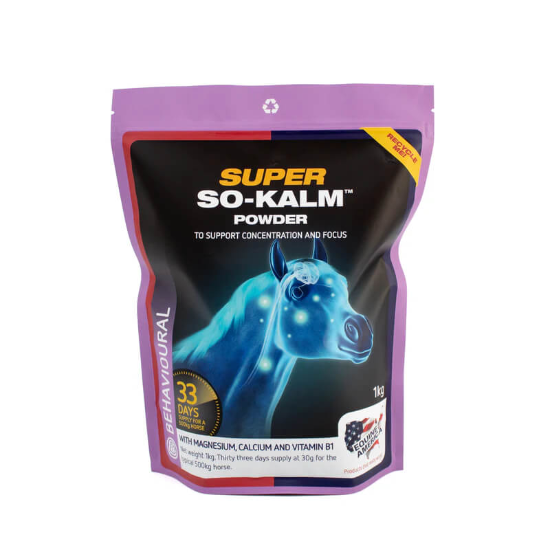 Equine America Super So Kalm Powder 1kg in a purple pouch with a glowing horse graphic.