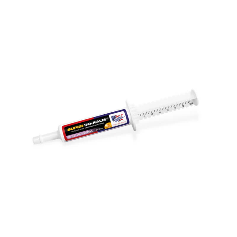 Equine America Super So Kalm Paste 3x10ml horse calming supplement, white syringe on white.