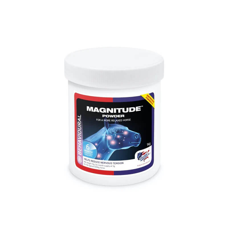 Equine America Magnitude 1kg: white tub magnesium supplement with blue horse illustration.