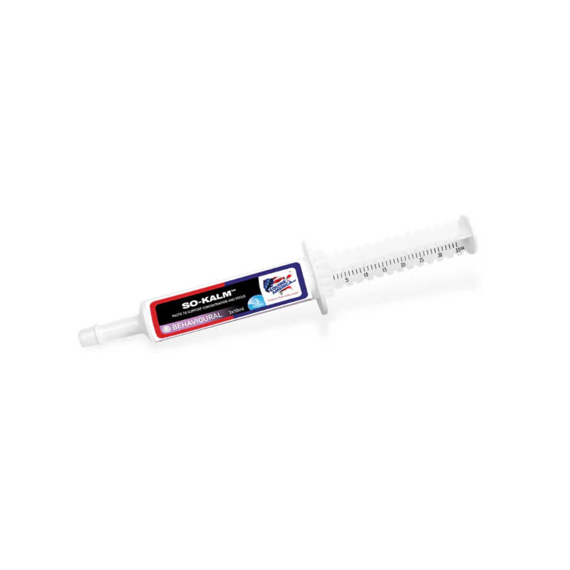 A white plastic syringe labeled Equine America So Kalm Paste 3x10ml, a calming aid for horses.