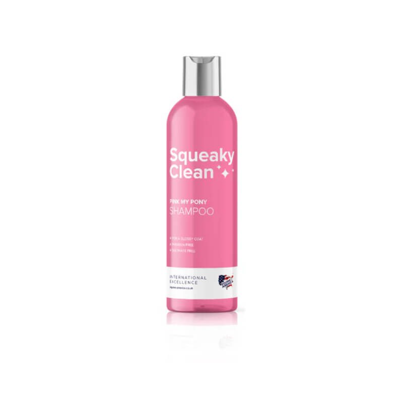 Equine America Squeaky Clean Pink My Pony Shampoo 1L with silver cap on white background.