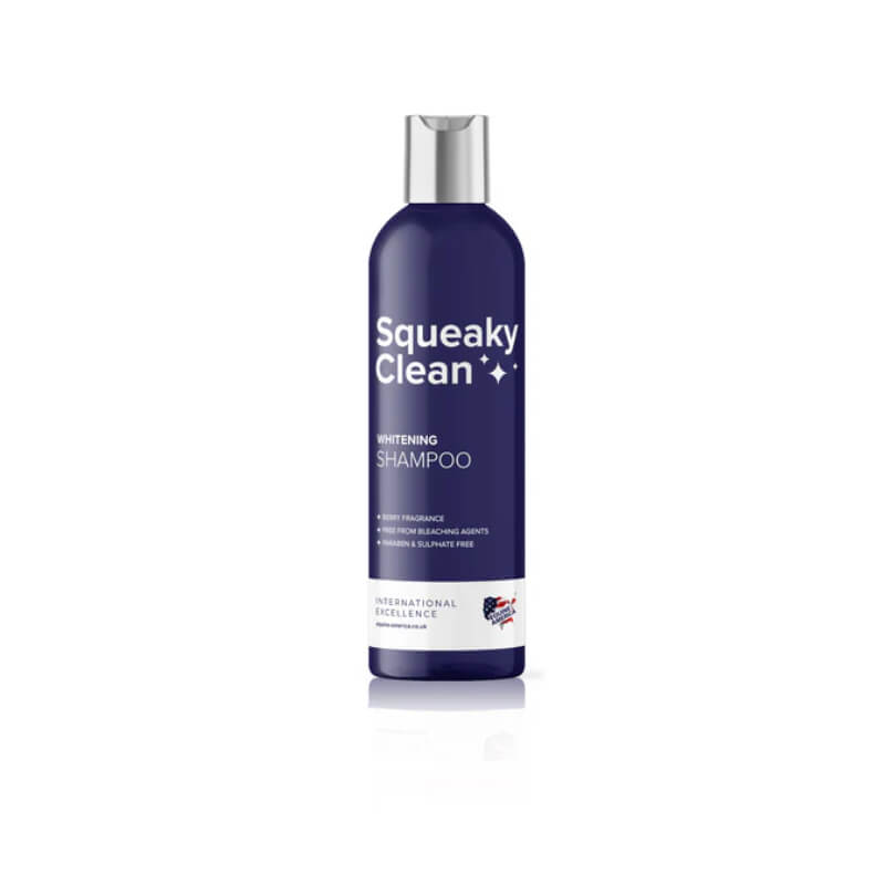 A bottle of Equine America Squeaky Clean Whitening Horse Shampoo 1ltr with blue label.