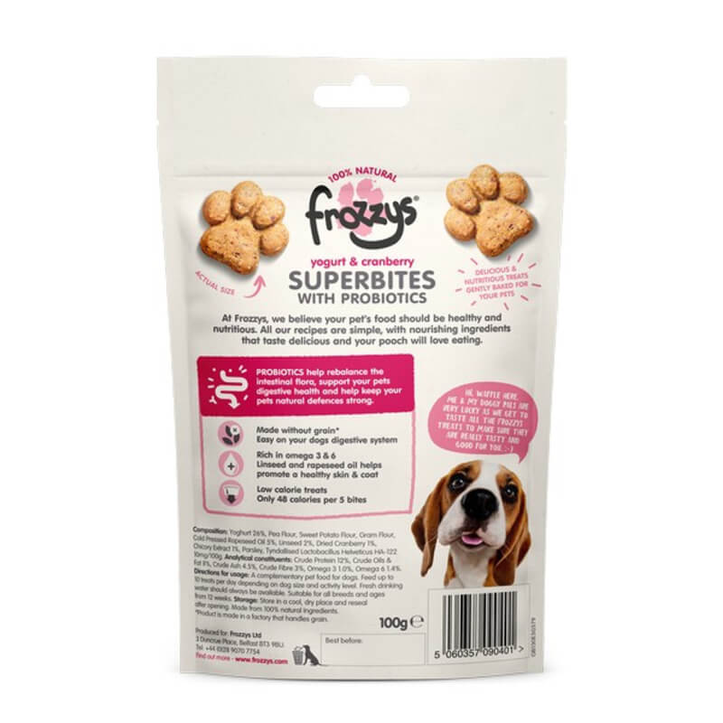 Front of Frozzys Superbites with Probiotics, Yogurt & Cranberry 100g dog treats package.