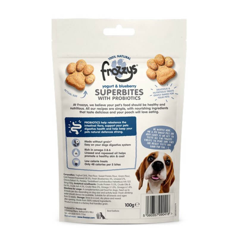 Frozzys Superbites with Probiotics, Yogurt & Blueberry 100g dog treats.