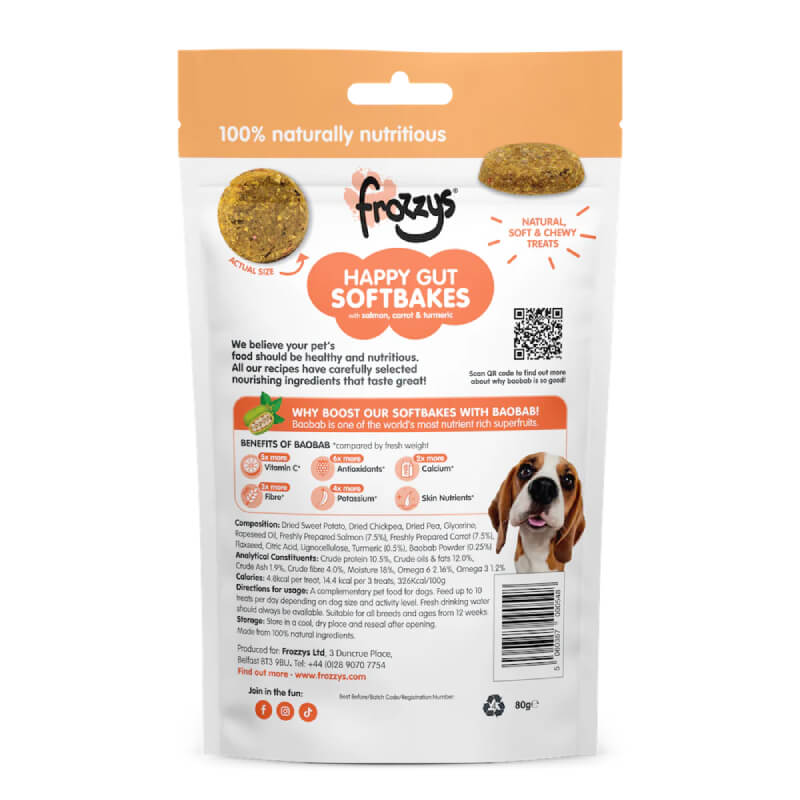 Back of a Frozzys Happy Gut Softbakes Salmon & Turmeric 80g dog treat, product info.