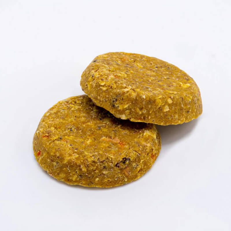 Two round Frozzys Happy Gut Softbakes Salmon & Turmeric treats on a white background.