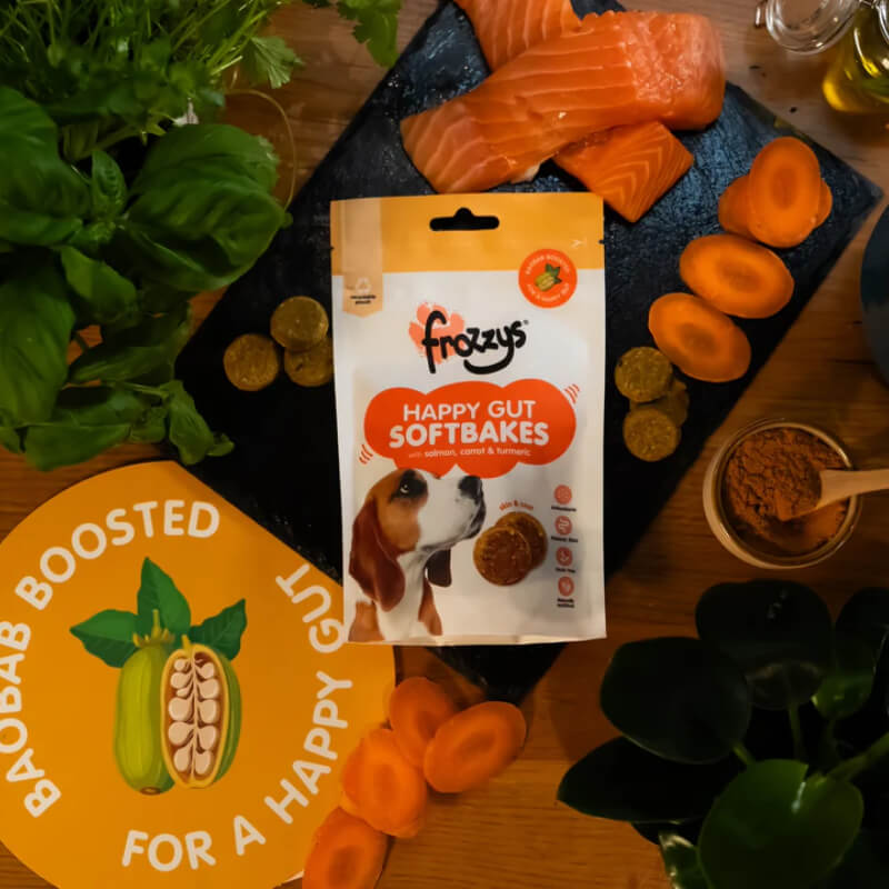 Frozzys Happy Gut Softbakes Salmon & Turmeric 80g treats on a wooden table.