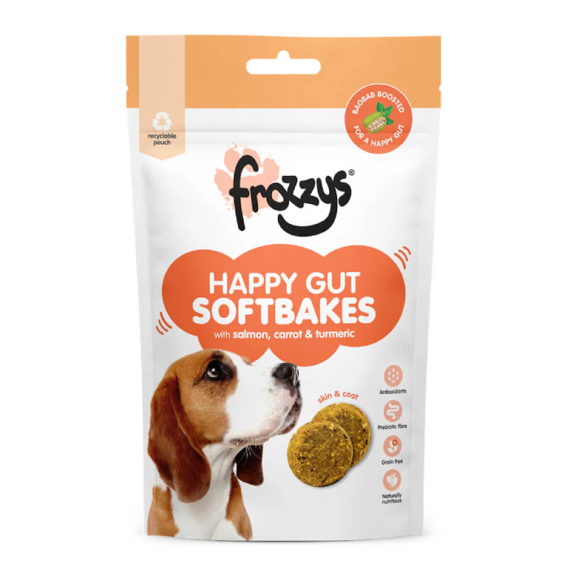 Frozzys Happy Gut Softbakes Salmon &amp; Turmeric 80g dog treats. Grain free.